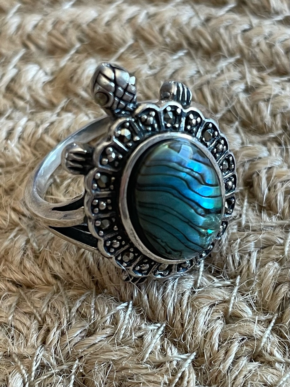 Vintage Abalone and Marcasite Turtle 925 Sterling Ring Womens 9.5